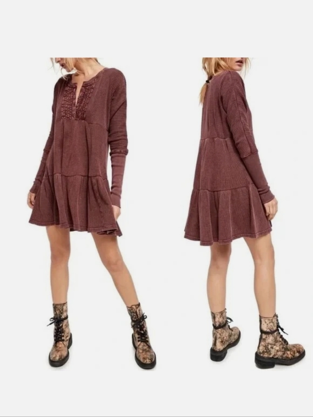 Free People FP One Jolene Thermal Mini Dress Dusty Plum S